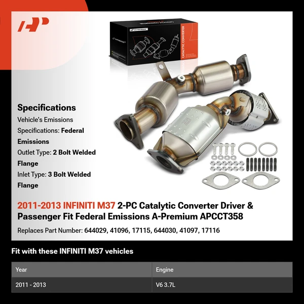 2011-2013 INFINITI M37 2-PC Catalytic Converter Driver & Passenger Fit Federal Emissions A-Premium APCCT358