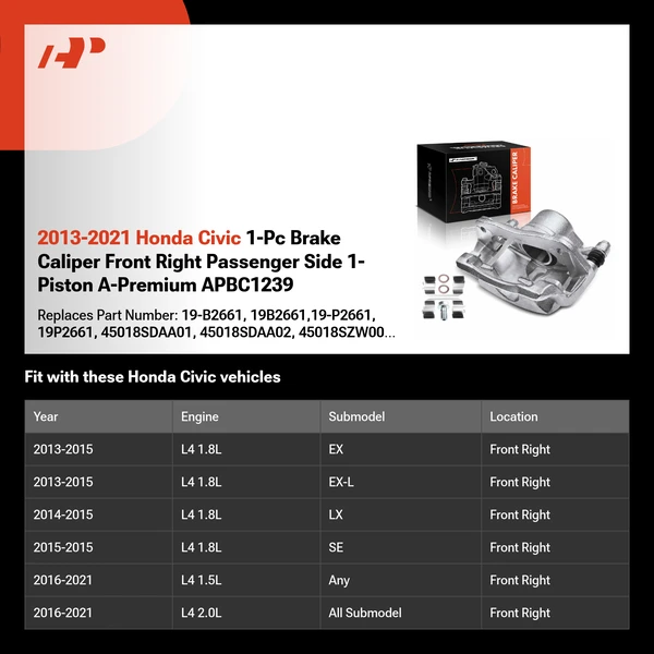 2013-2021 Honda Civic 1-Pc Brake Caliper Front Right Passenger Side 1-Piston A-Premium APBC1239