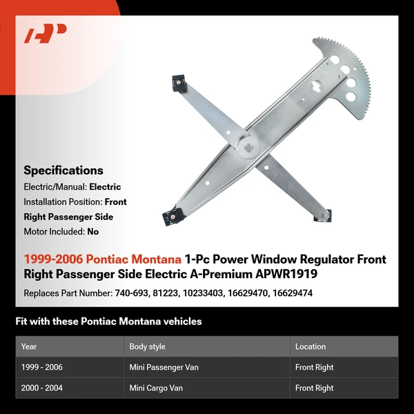 1999-2006 Pontiac Montana 1-Pc Power Window Regulator Front Right Passenger Side Electric A-Premium APWR1919