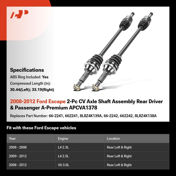 2008-2012 Ford Escape 2-Pc CV Axle Shaft Assembly Rear Driver & Passenger A-Premium APCVA1378