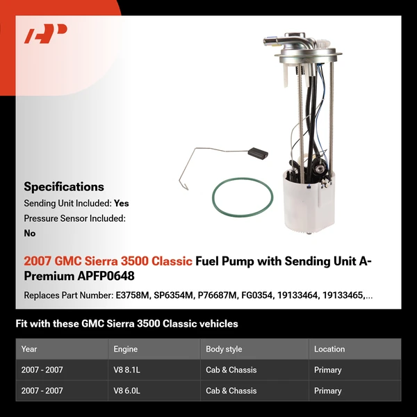 2007 GMC Sierra 3500 Classic Fuel Pump with Sending Unit A-Premium APFP0648