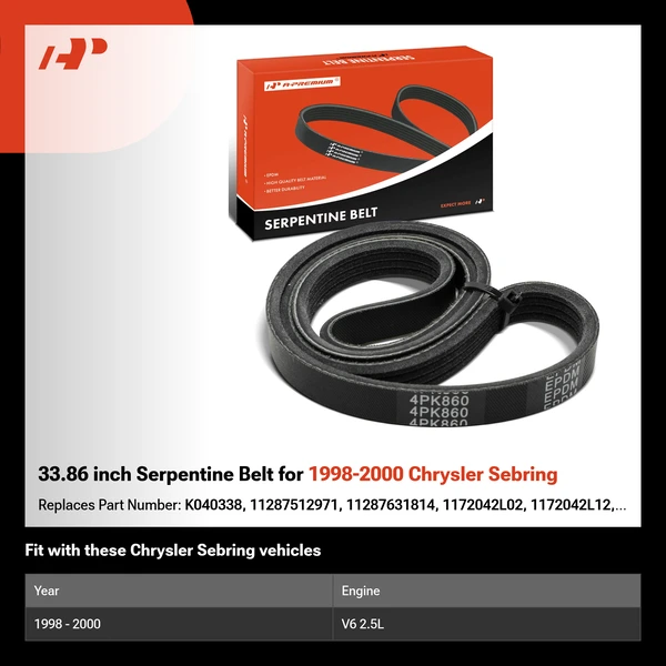 33.86 inch Serpentine Belt for 1998-2000 Chrysler Sebring