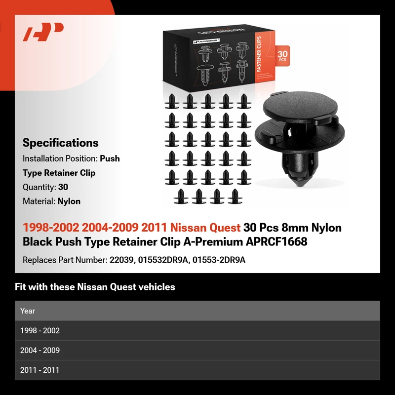 1998-2002 2004-2009 2011 Nissan Quest 30 Pcs 8mm Nylon Black Push Type Retainer Clip A-Premium APRCF1668