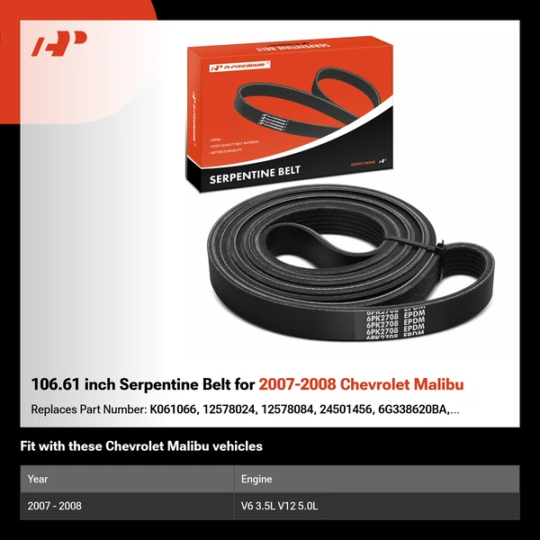 106.61 inch Serpentine Belt for 2007-2008 Chevrolet Malibu
