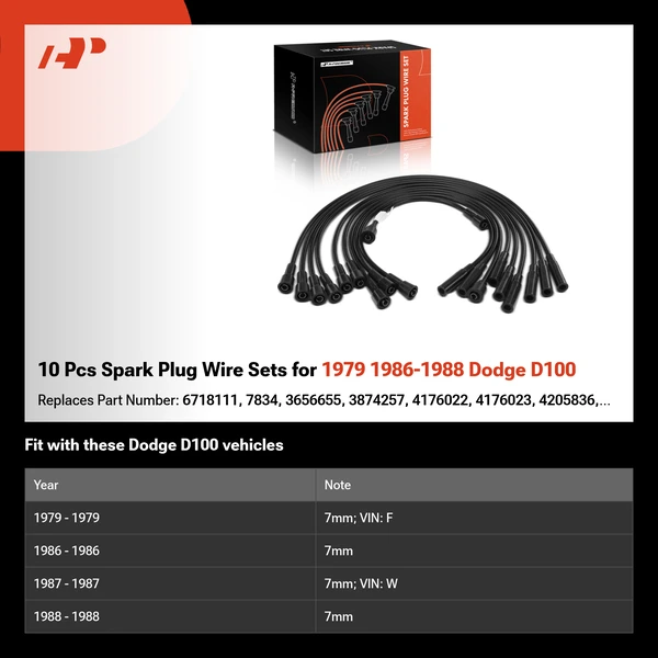 10 Pcs Spark Plug Wire Sets for 1979 1986-1988 Dodge D100