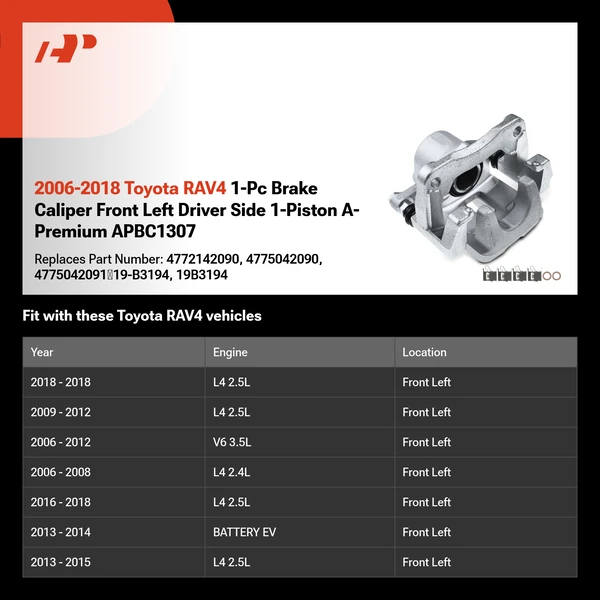 2006-2018 Toyota RAV4 1-Pc Brake Caliper Front Left Driver Side 1-Piston A-Premium APBC1307