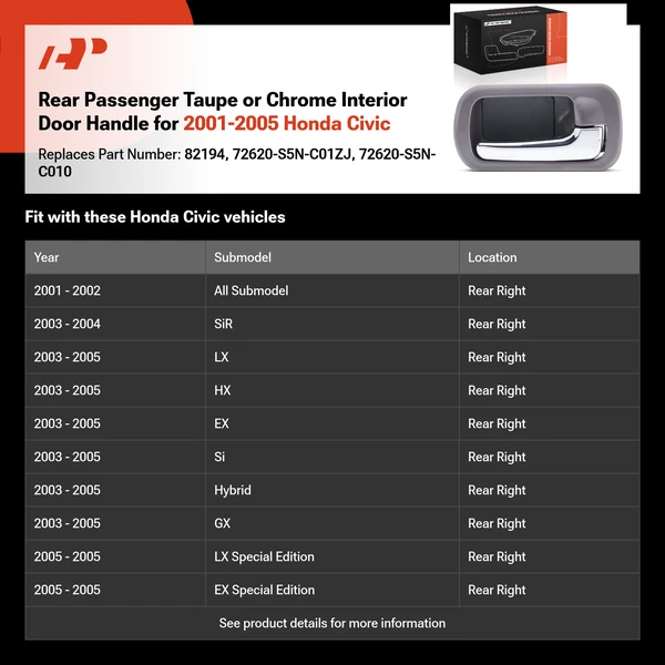 Rear Passenger Taupe or Chrome Interior Door Handle for 2001-2005 Honda Civic