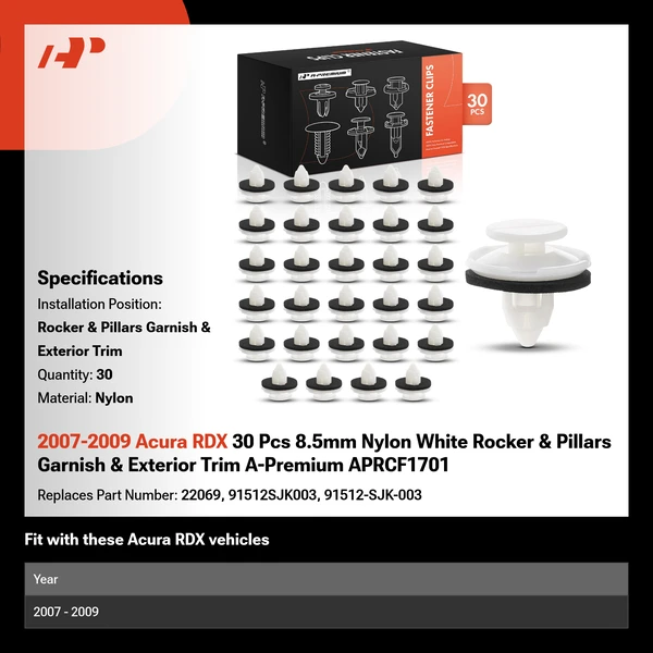 2007-2009 Acura RDX 30 Pcs 8.5mm Nylon White Rocker & Pillars Garnish & Exterior Trim A-Premium APRCF1701