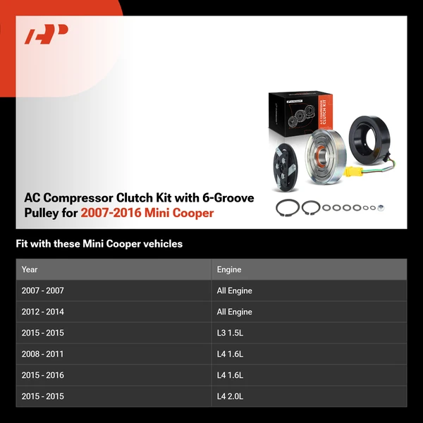 AC Compressor Clutch Kit with 6-Groove Pulley for 2007-2016 Mini Cooper