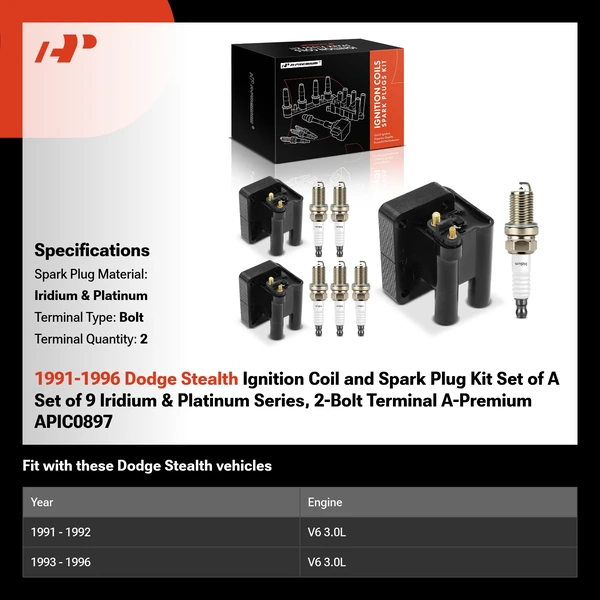 1991-1996 Dodge Stealth Ignition Coil and Spark Plug Kit Set of A Set of 9 Iridium & Platinum Series, 2-Bolt Terminal A-Premium APIC0897