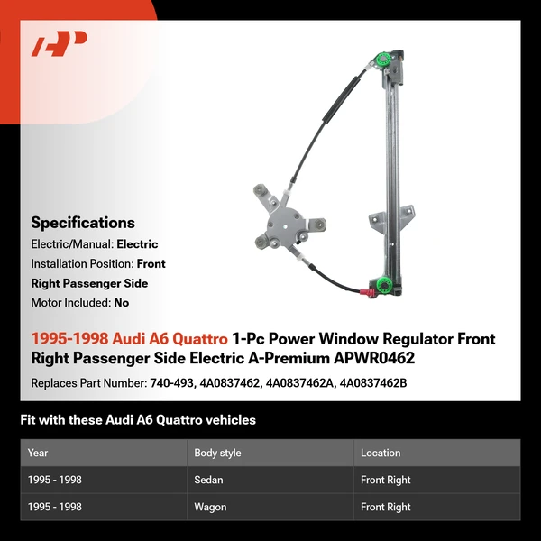 1995-1998 Audi A6 Quattro 1-Pc Power Window Regulator Front Right Passenger Side Electric A-Premium APWR0462