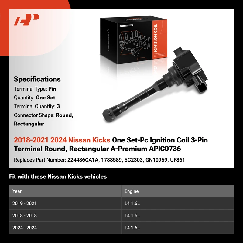 2018-2021 2024 Nissan Kicks One Set-Pc Ignition Coil 3-Pin Terminal Round, Rectangular A-Premium APIC0736