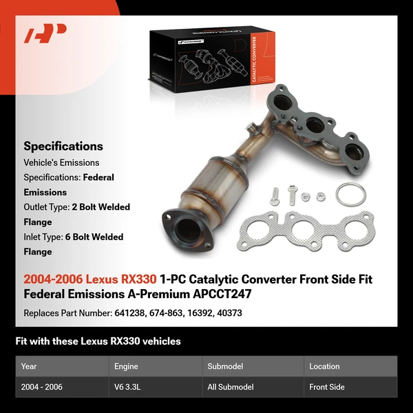 2004-2006 Lexus RX330 1-PC Catalytic Converter Front Side Fit Federal Emissions A-Premium APCCT247