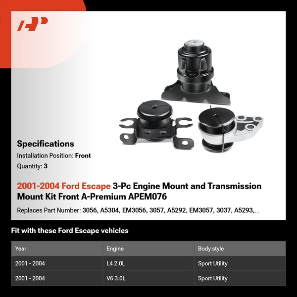2001-2004 Ford Escape 3-Pc Engine Mount and Transmission Mount Kit Front A-Premium APEM076