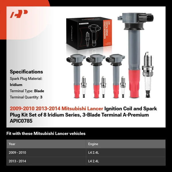2009-2010 2013-2014 Mitsubishi Lancer Ignition Coil and Spark Plug Kit Set of 8 Iridium Series, 3-Blade Terminal A-Premium APIC0785