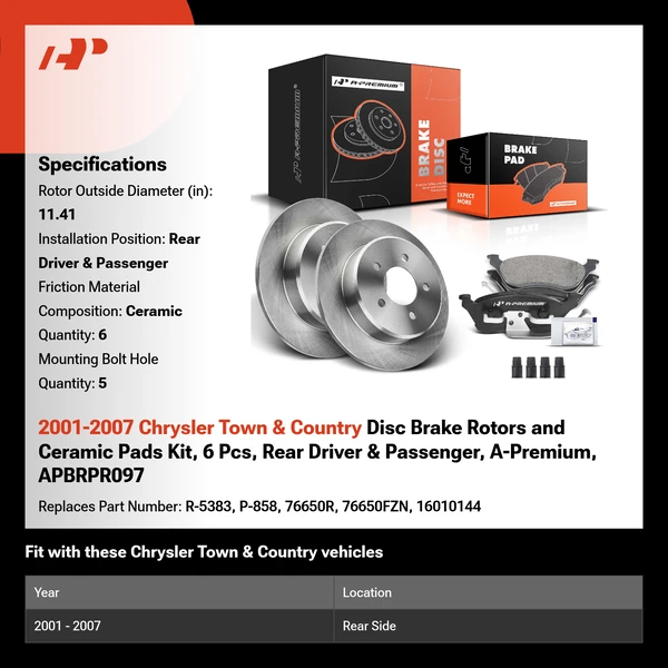 2001-2007 Chrysler Town & Country Disc Brake Rotors and Ceramic Pads Kit, 6 Pcs, Rear Driver & Passenger, A-Premium, APBRPR097