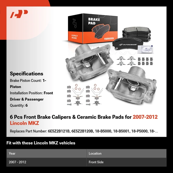 6 Pcs Front Brake Calipers & Ceramic Brake Pads for 2007-2012 Lincoln MKZ