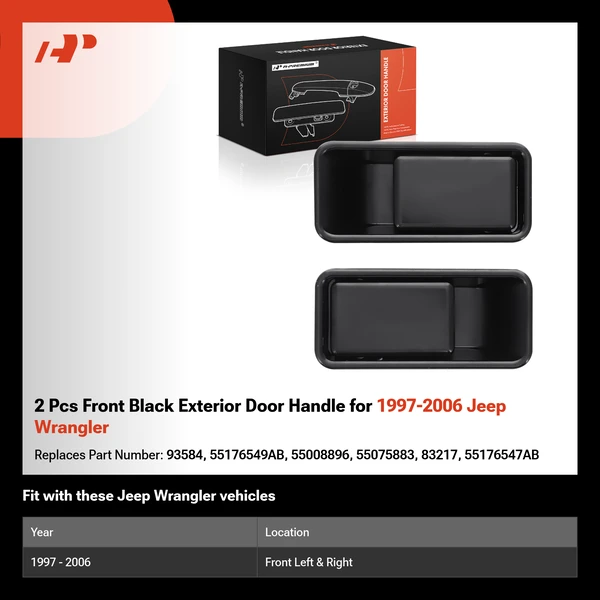 2 Pcs Front Black Exterior Door Handle for 1997-2006 Jeep Wrangler