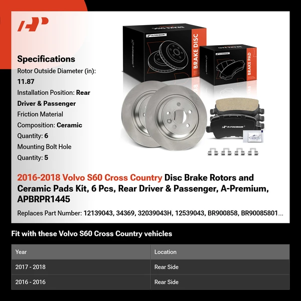 2016-2018 Volvo S60 Cross Country Disc Brake Rotors and Ceramic Pads Kit, 6 Pcs, Rear Driver & Passenger, A-Premium, APBRPR1445