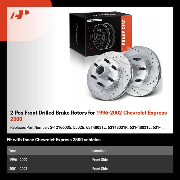 2 Pcs Front Drilled Brake Rotors for 1996-2002 Chevrolet Express 2500