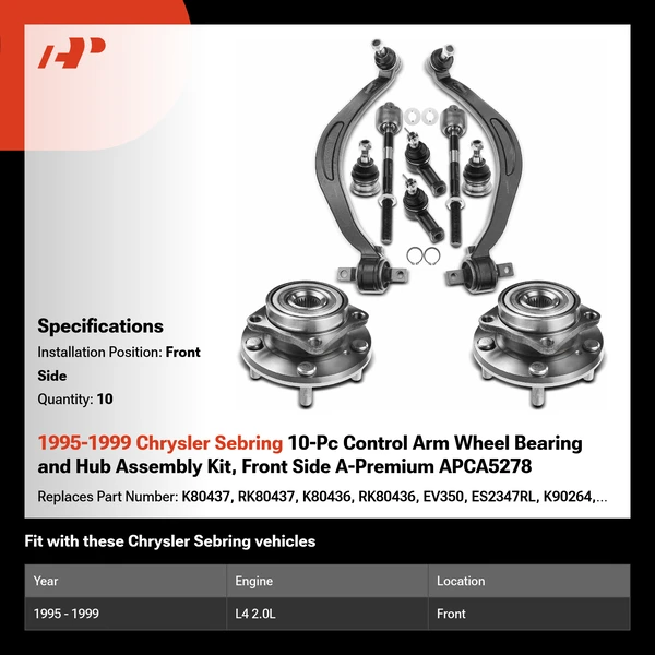 1995-1999 Chrysler Sebring 10-Pc Control Arm Wheel Bearing and Hub Assembly Kit, Front Side A-Premium APCA5278