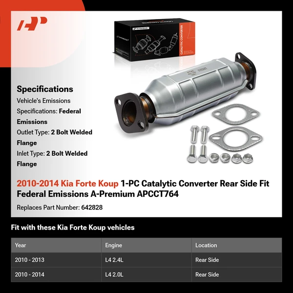 2010-2014 Kia Forte Koup 1-PC Catalytic Converter Rear Side Fit Federal Emissions A-Premium APCCT764