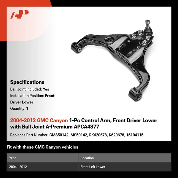 2004-2012 GMC Canyon 1-Pc Control Arm, Front Driver Lower with Ball Joint A-Premium APCA4377