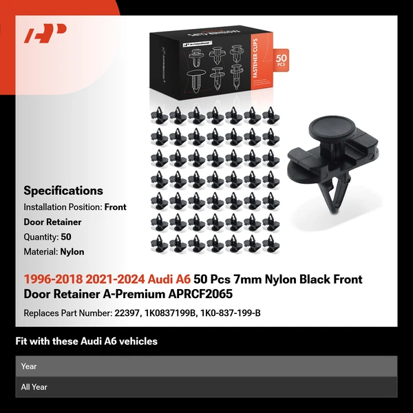 1996-2018 2021-2024 Audi A6 50 Pcs 7mm Nylon Black Front Door Retainer A-Premium APRCF2065