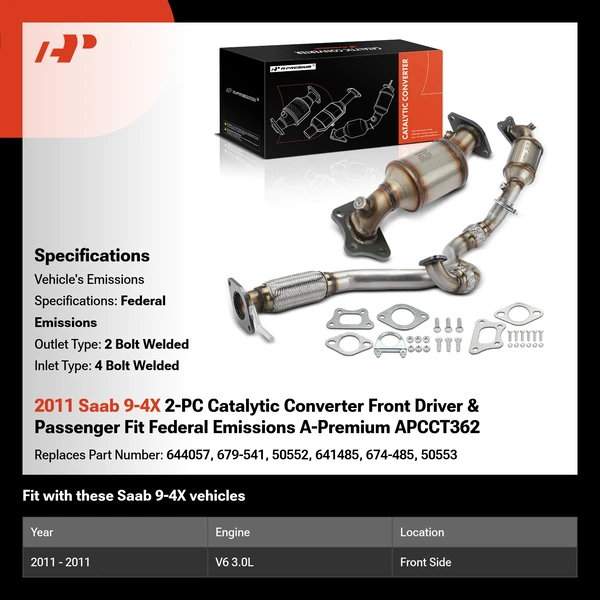 2011 Saab 9-4X 2-PC Catalytic Converter Front Driver & Passenger Fit Federal Emissions A-Premium APCCT362