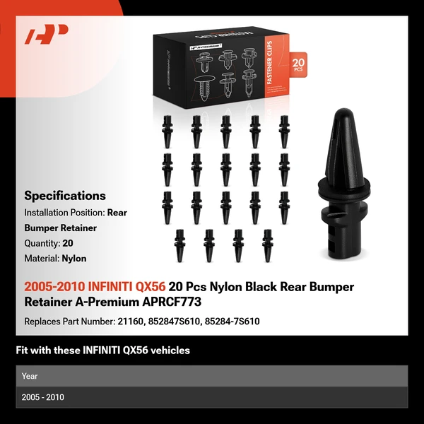 2005-2010 INFINITI QX56 20 Pcs Nylon Black Rear Bumper Retainer A-Premium APRCF773