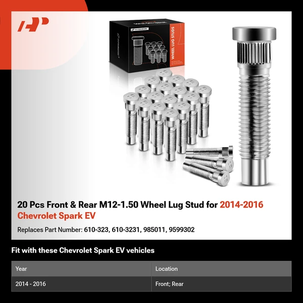 20 Pcs Front & Rear M12-1.50 Wheel Lug Stud for 2014-2016 Chevrolet Spark EV