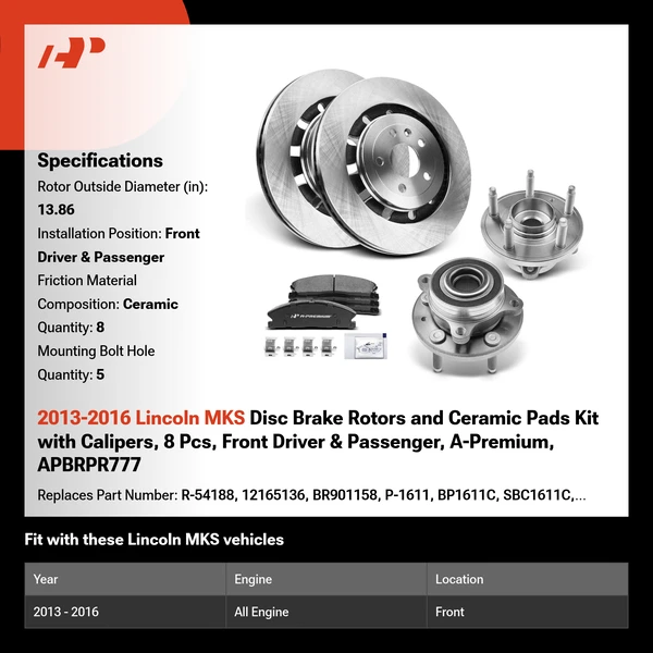 2013-2016 Lincoln MKS Disc Brake Rotors and Ceramic Pads Kit with Calipers, 8 Pcs, Front Driver & Passenger, A-Premium, APBRPR777