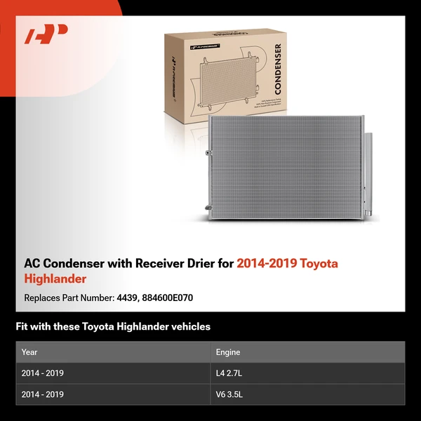 AC Condenser with Receiver Drier for 2014-2019 Toyota Highlander