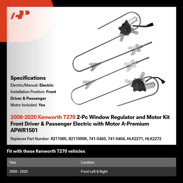 2008-2020 Kenworth T270 2-Pc Window Regulator and Motor Kit Front Driver & Passenger Electric with Motor A-Premium APWR1501