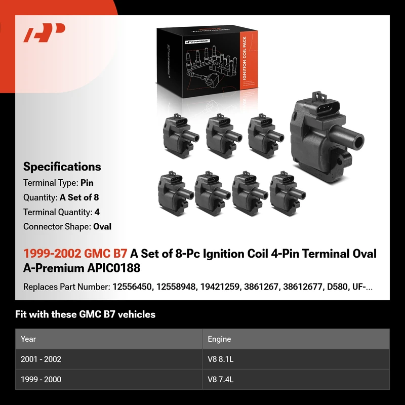 1999-2002 GMC B7 A Set of 8-Pc Ignition Coil 4-Pin Terminal Oval A-Premium APIC0188