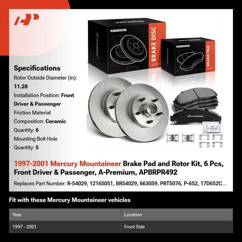 1997-2001 Mercury Mountaineer Brake Pad and Rotor Kit, 6 Pcs, Front Driver & Passenger, A-Premium, APBRPR492