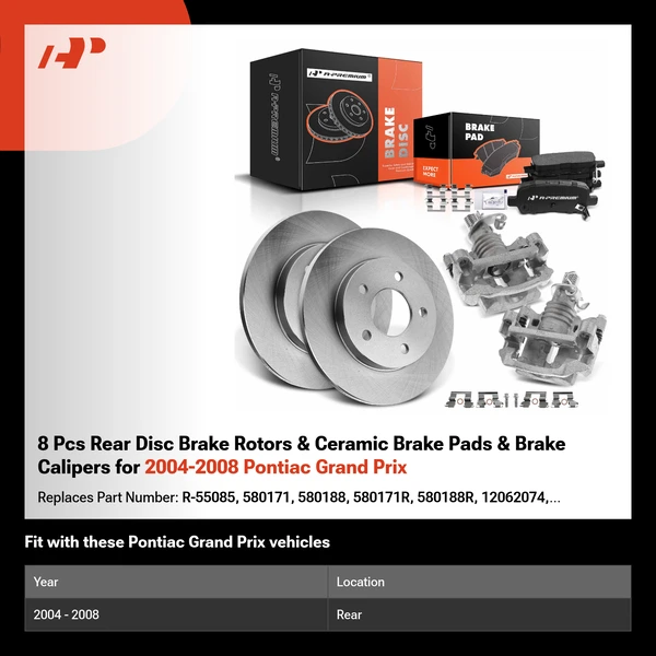 8 Pcs Rear Disc Brake Rotors & Ceramic Brake Pads & Brake Calipers for 2004-2008 Pontiac Grand Prix