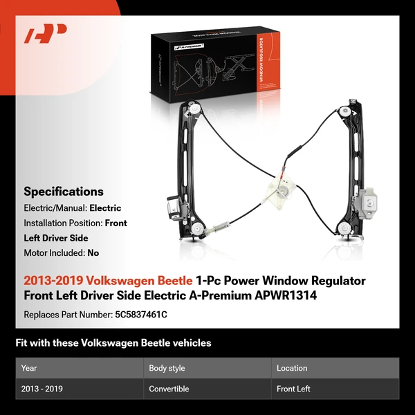 2013-2019 Volkswagen Beetle 1-Pc Power Window Regulator Front Left Driver Side Electric A-Premium APWR1314
