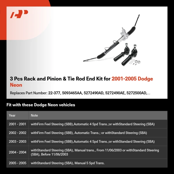 3 Pcs Rack and Pinion & Tie Rod End Kit for 2001-2005 Dodge Neon