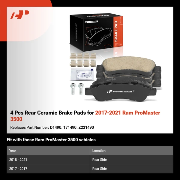 4 Pcs Rear Ceramic Brake Pads for 2017-2021 Ram ProMaster 3500