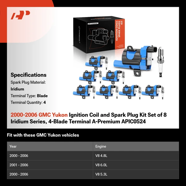 2000-2006 GMC Yukon Ignition Coil and Spark Plug Kit Set of 8 Iridium Series, 4-Blade Terminal A-Premium APIC0524