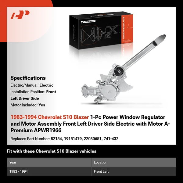 1983-1994 Chevrolet S10 Blazer 1-Pc Power Window Regulator and Motor Assembly Front Left Driver Side Electric with Motor A-Premium APWR1966