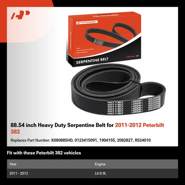 88.54 inch Heavy Duty Serpentine Belt for 2011-2012 Peterbilt 382