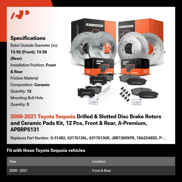 2008-2021 Toyota Sequoia Drilled & Slotted Disc Brake Rotors and Ceramic Pads Kit, 12 Pcs, Front & Rear, A-Premium, APBRPS131