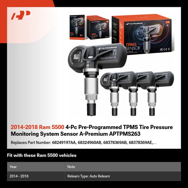 2014-2018 Ram 5500 4-Pc Pre-Programmed TPMS Tire Pressure Monitoring System Sensor A-Premium APTPMS263