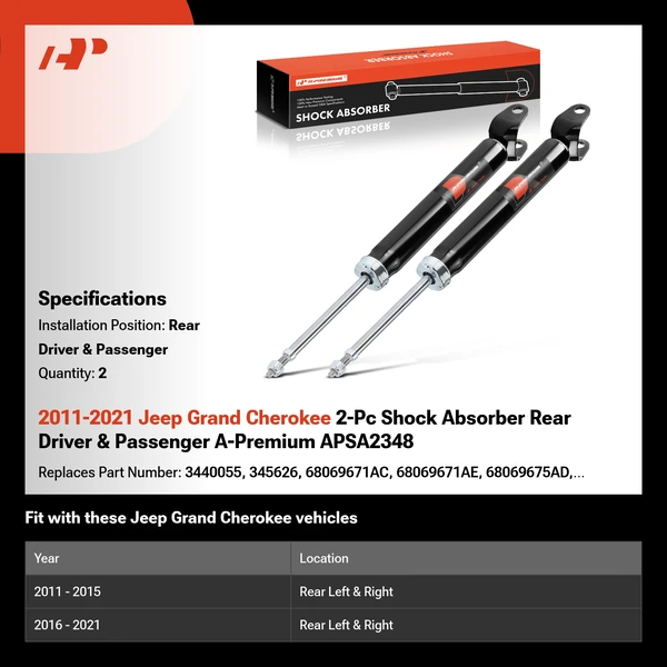 2011-2021 Jeep Grand Cherokee 2-Pc Shock Absorber Rear Driver & Passenger A-Premium APSA2348