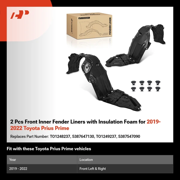 2 Pcs Front Inner Fender Liners with Insulation Foam for 2019-2022 Toyota Prius Prime