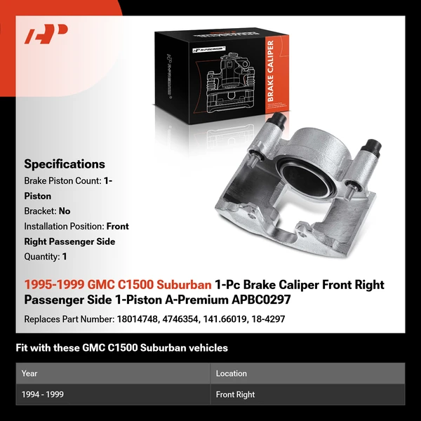 1995-1999 GMC C1500 Suburban 1-Pc Brake Caliper Front Right Passenger Side 1-Piston A-Premium APBC0297