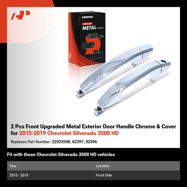 2 Pcs Front Upgraded Metal Exterior Door Handle Chrome & Cover for 2015-2019 Chevrolet Silverado 3500 HD