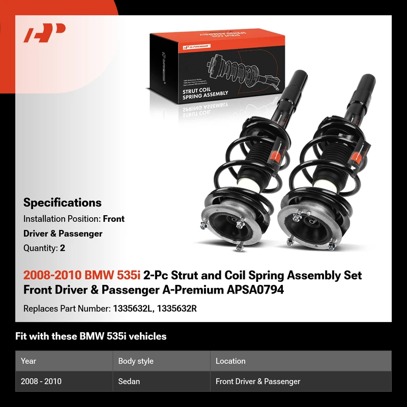 2008-2010 BMW 535i 2-Pc Strut and Coil Spring Assembly Set Front Driver & Passenger A-Premium APSA0794